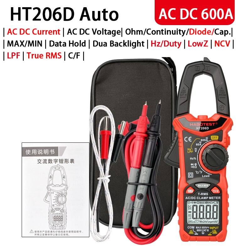 Current Clamp Meter Multimeter HABOTEST HT206 Series AC DC Amp Meter Digital Amperometric Voltage Tester HT206D: HT206D AC DC Prof