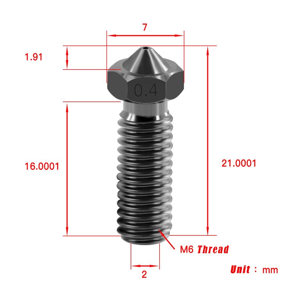 Boquilla de volcán de acero endurecido para impresión 3D, alta temperatura, PEI PEEK o filamento de fibra de carbono para E3D Volcano Sidewinder X1