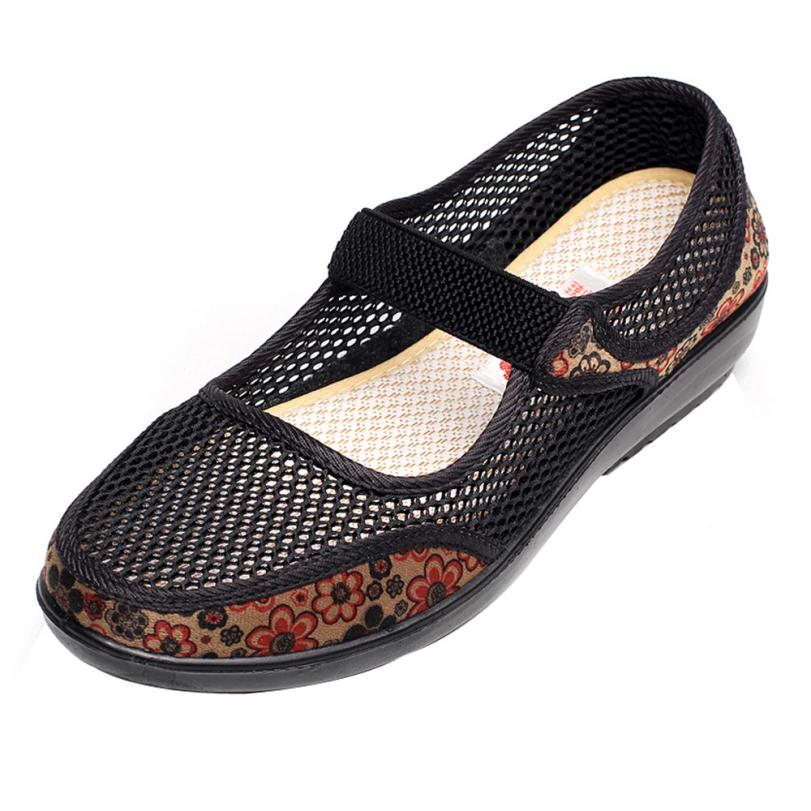 Women's Net Shoes Flat Heel Breathable Hole Mesh Casual National Style Shoes Women Slip-On Outdoor Flat Soft Shoes: Black / 5