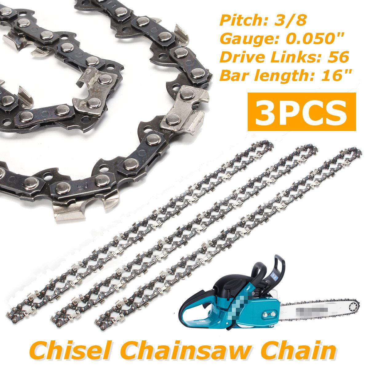 3Pcs 16" Bar Chainsaw Chain Semi Chisel 3/8 0.050" 56 DL for Makita Chainsaw Structural alloy steel