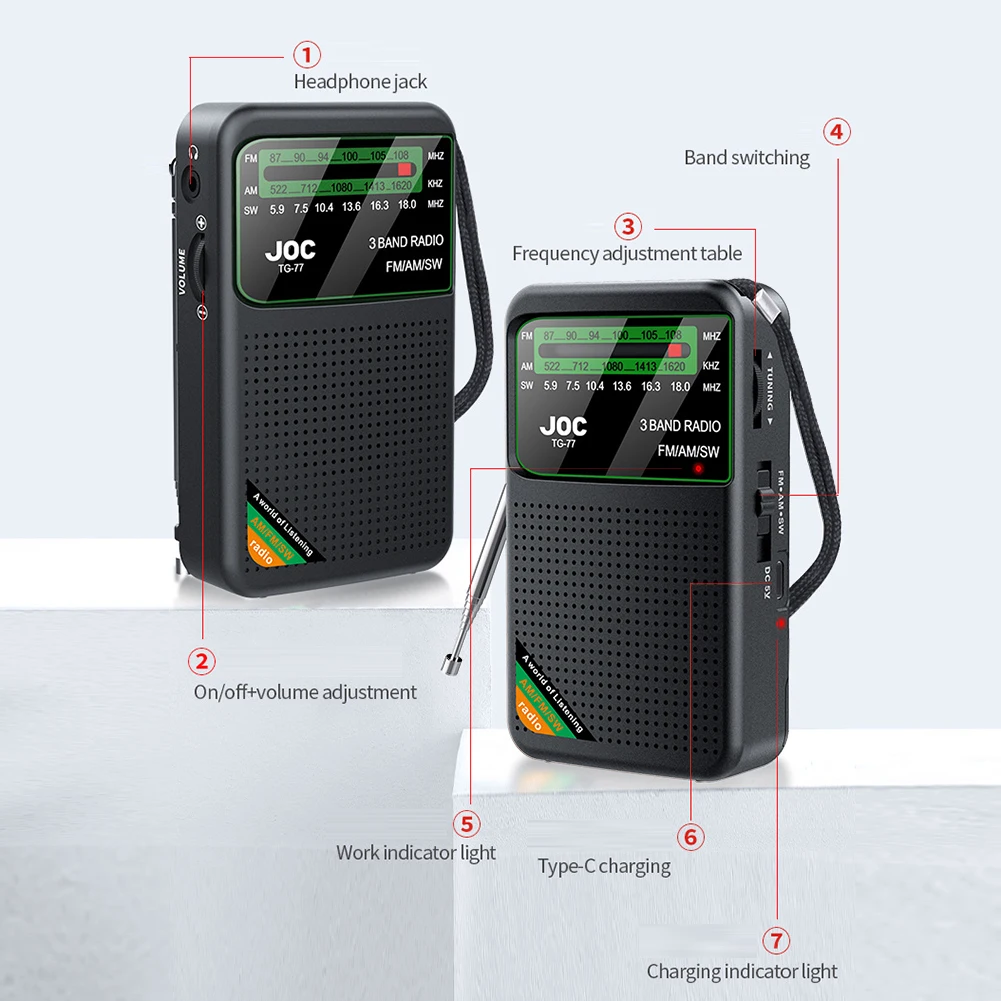 Radio portátil de banda completa, Radio recargable de mano de 3W y 1000mAh con recepción Superior, Mini Radio negra para personas mayores