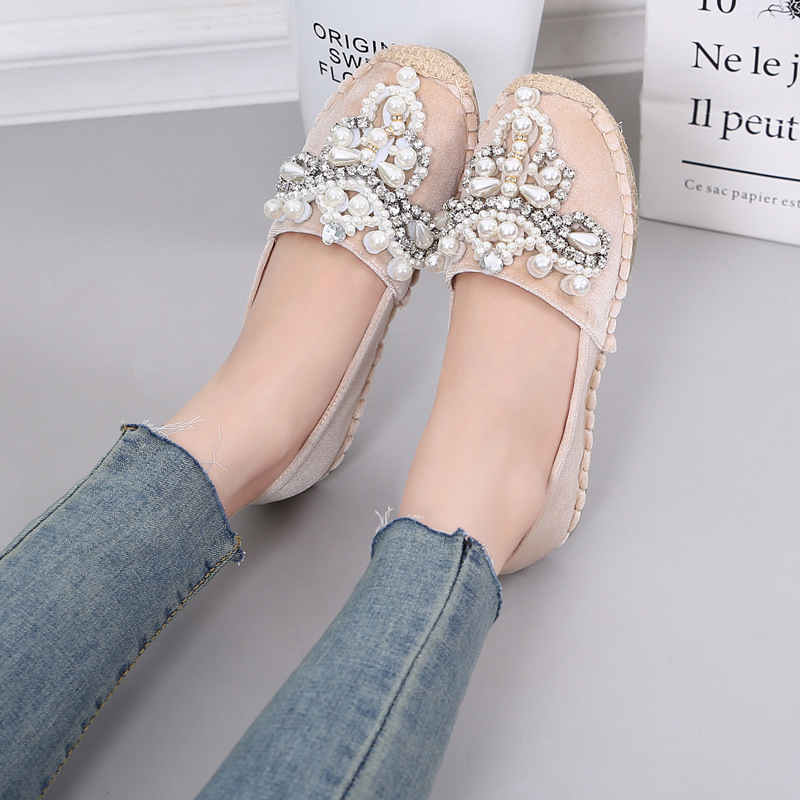 Espadrilles perlées perles décoration oxfords appartements dames or velours cristal pêcheur chaussures grande taille paille tricot creepers