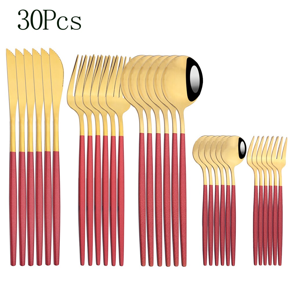 24pcs Cutlery Set Blue Silver Dinnerware Set Stainless Steel Silverware Knife Fork Spoon Tableware Flatware Set Dishwasher Safe: Red gold