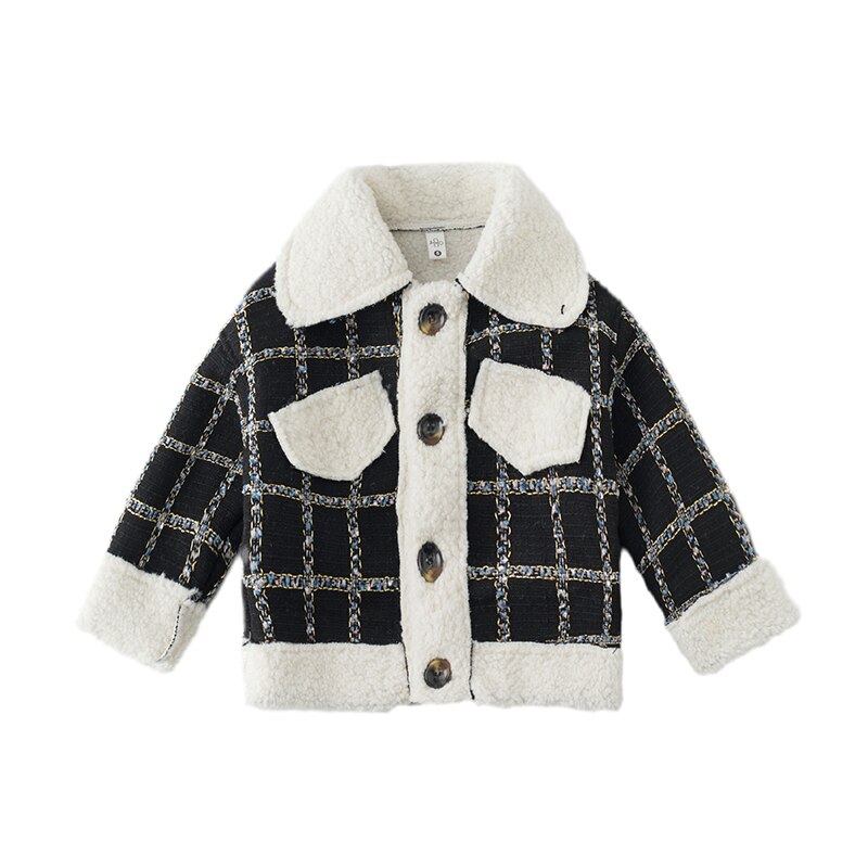 Rutig ullkappa för tjejer dubbelknäppta jackor barn ytterkläder höst tjocka vinterkläder för tjejer 6 8 10 12 14 år: Svart / 4t