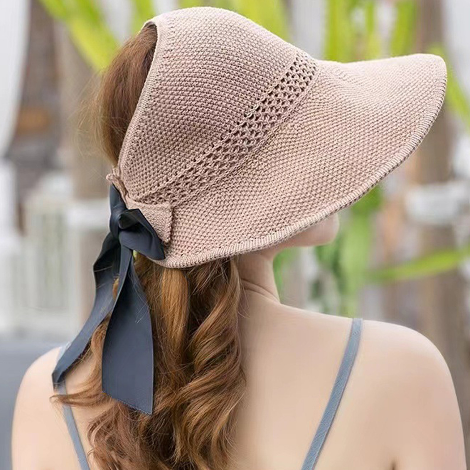 Foldable Women Wide Brim Straw Hat Breathable French Style Sun Hats with Bowknot for Outdoor Travel Photography