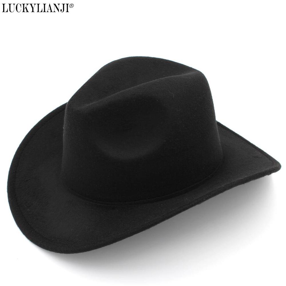 LUCKYLIANJI Trilby Wool Felt Fedora Cowboy Hat Solid Color Western Bull Jazz Sun Chapeau Caps For Men Women (One Size:57cm): Black