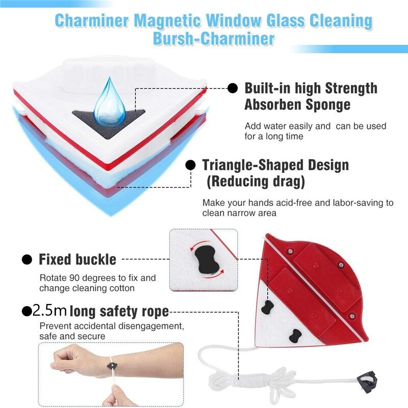 Magnetische Window Cleaner Borstel Dubbelzijdig Glas Cleaner Magneet Ruitenwisser Met 2.5M Anti-Vallen Touw Venster Wassen Huishouden tool