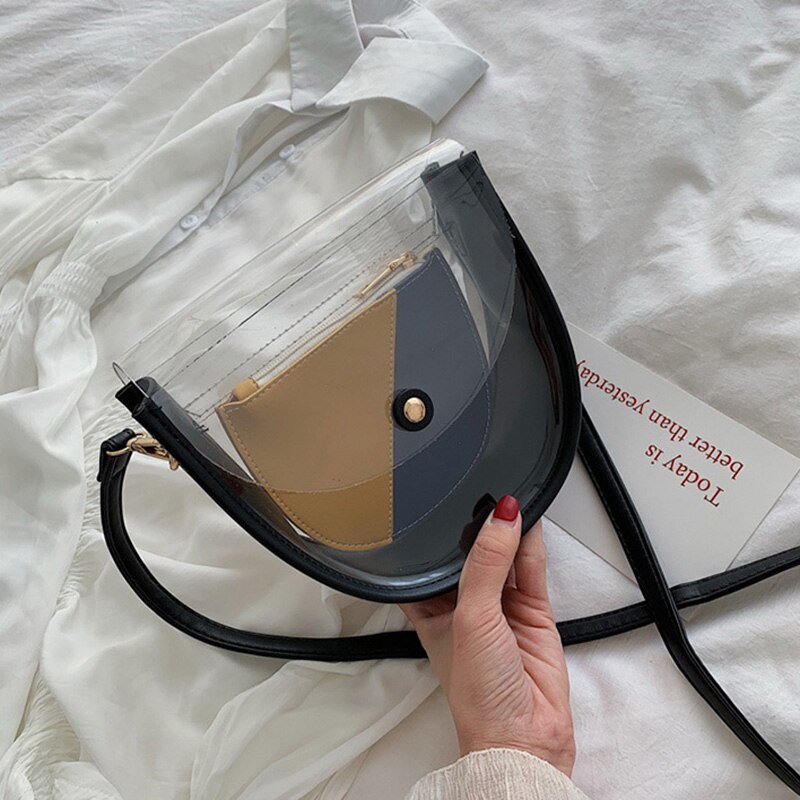 Vrouwen Waterdichte Transparante Enkele Schoudertas Stiching Kleur Handtas voor Zomer Beste -WT: Zwart