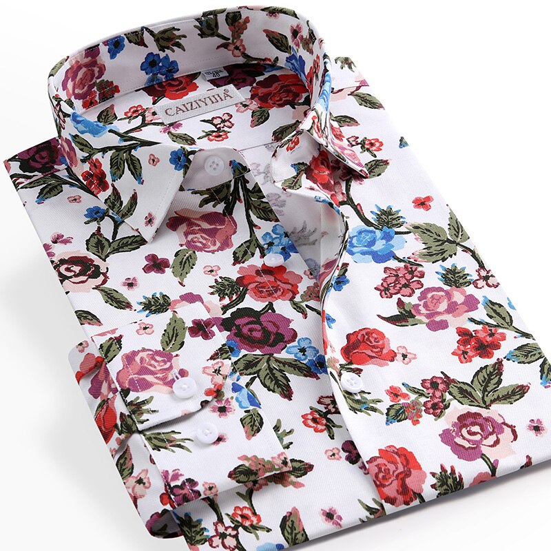 Männer Blumen Druck Shirt lässig Langarm Gedruckt Blume Hemden Kleid schlank passen: Weiß / 38
