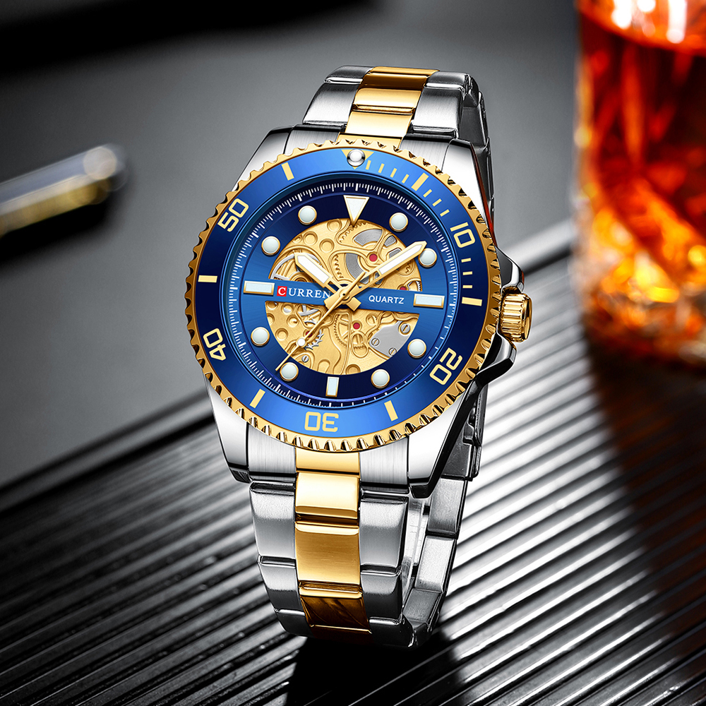 CURREN Horloges Geïmiteerd Mechanisch Quartz Klok Heren Roestvrij Stalen Band Lichtgevende Horloges voor Mannen