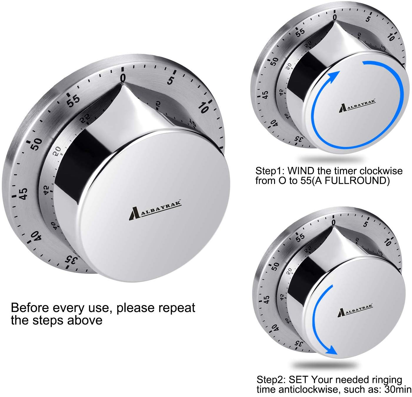 Stainless Steel Kitchen Timer Digital for Cooking Shower Study Manual Mechanical Stopwatch Alarm Clock Cooking Countdown Time