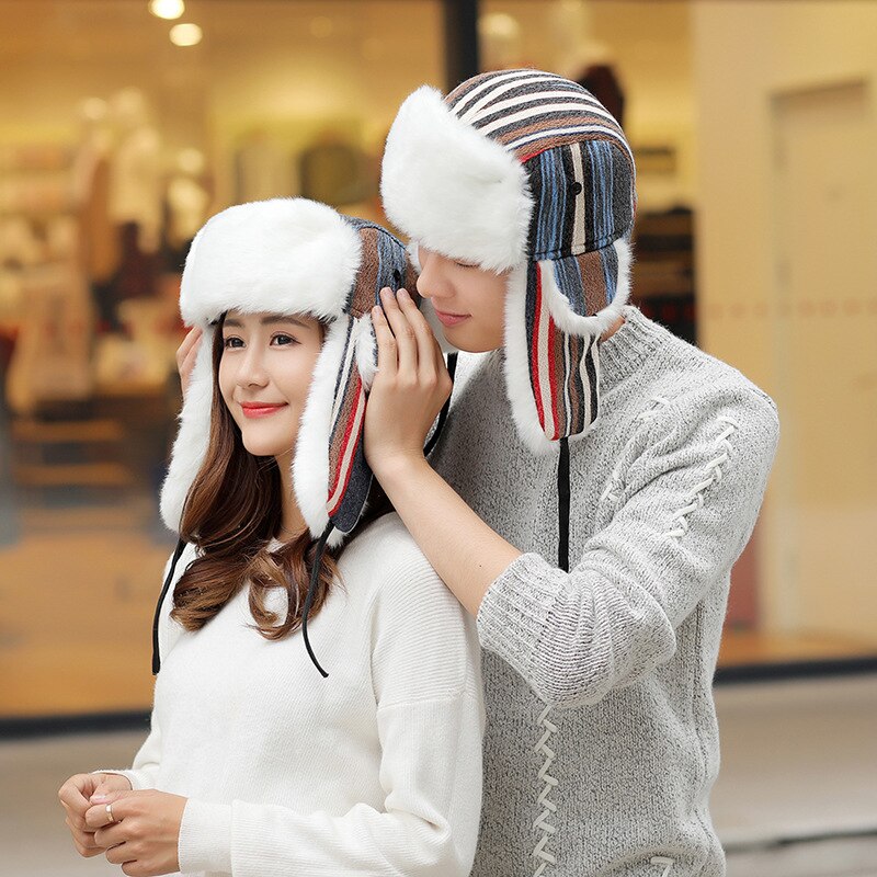 HT1383 Men Women Winter Hat Striped Thick Russian Fur Hat Ski Earflap Trapper Hat Lover Couple Bomber Hat Ushanka