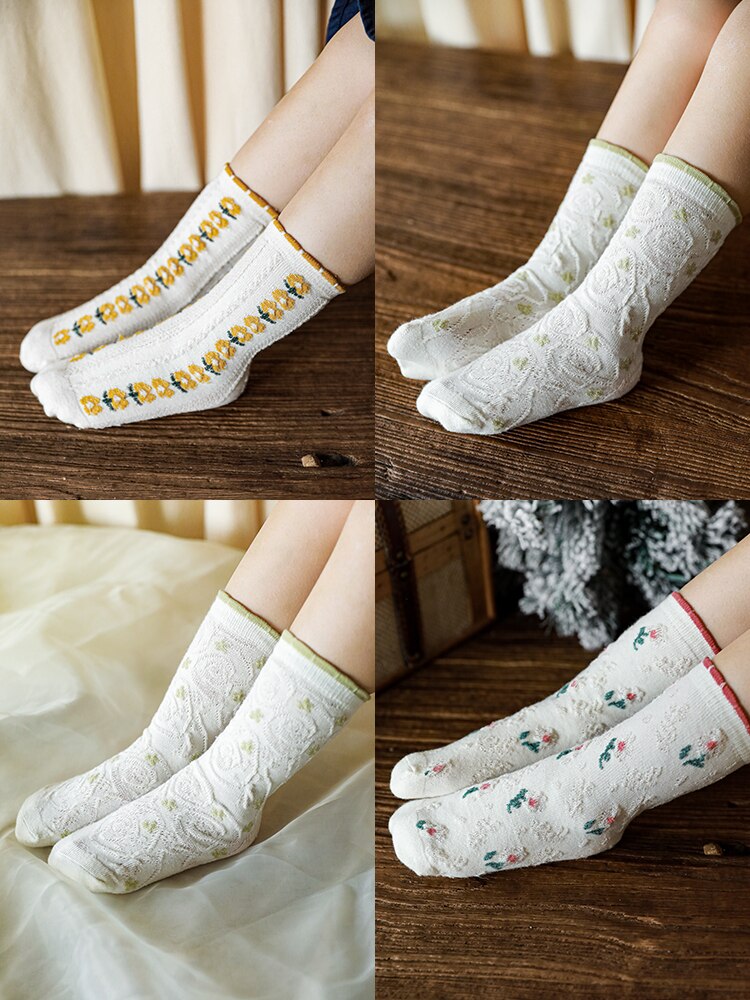 Girls' Pastoral Style Socks 2022 Spring Wavy Edge Three-Dimensional Flower Medium Tube Socks