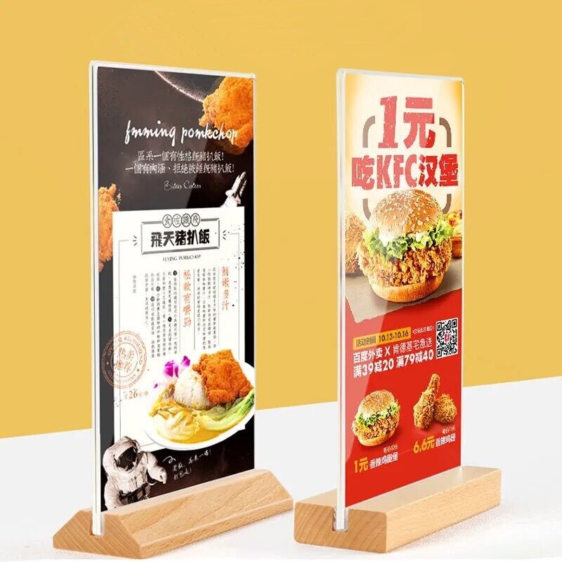 100*200mm Restaurant Table Menu Sign Card Holder Stand Wood Base Acrylic Table Number Banner Poster Display Frame