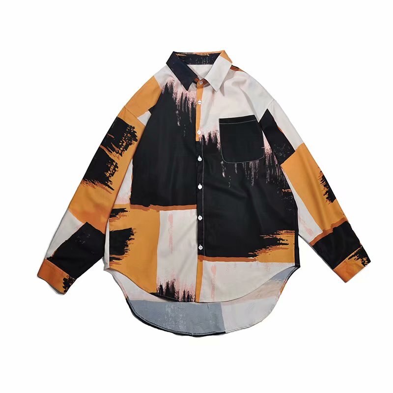 Plus Size Long Sleeve Harajuku Top Shirt Men Woman Contrast Tie Dye Print Pocket Blouse Streetwear Hip Hop Japanese Punk: M