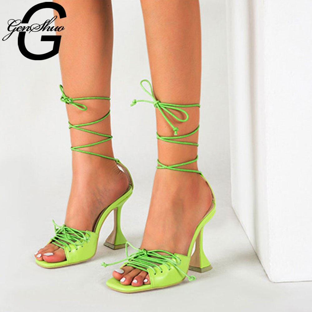 Genshuo sommar dam sandaler pu snörning knut dam högklackade sandaler sexiga neongröna kvinna skor sandalen pump