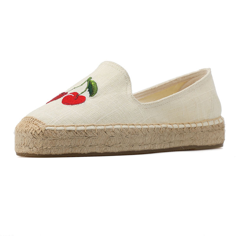 DZYM Zomer Cherry Borduren Vrouwen Visser Schoenen Stro-geweven Loafers Vlas Flats Leisure Linnen Vlas Dame Canvas Espadrilles