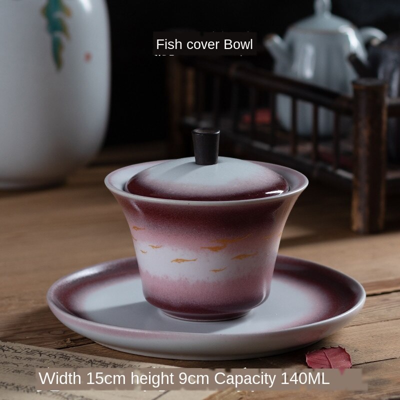 Retro Kung Fu Tea Set - Ceramic Covered Bowl & Underglaze Tiger Cup