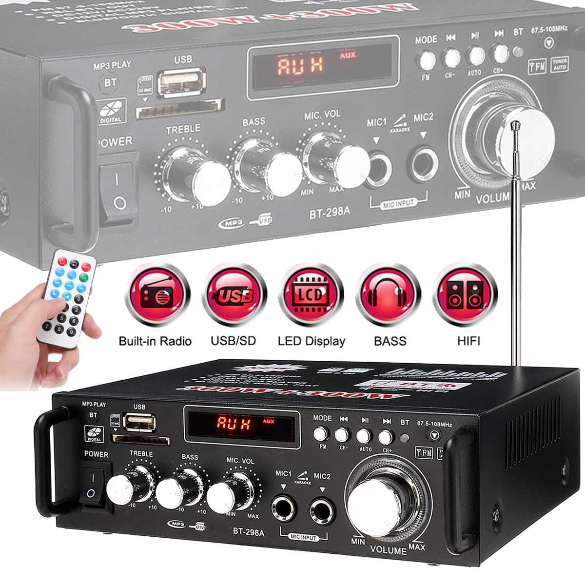 600w Home Car Amplifier HIFI USB FM Radio Audio Bluetooth Amplifiers Player Subwoofer Theater Sound System With Remote Control