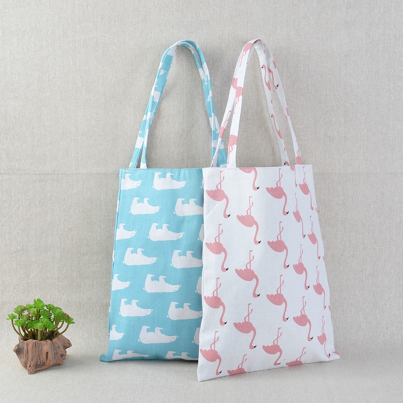 Cartoon Cotton Linen Shoulder Bags Outdoor Canvas Women Tote Pouch Grocery Storage Bags Bear Flamingo Shopping Bags