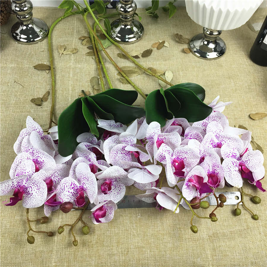 1 sæt = 5 blomstergrene  + 2 orkideestængler, ægte touch latex kunstige blomster blomster blomster sommerfugl orkidé hjem bryllup dekoration: Hvid med plet