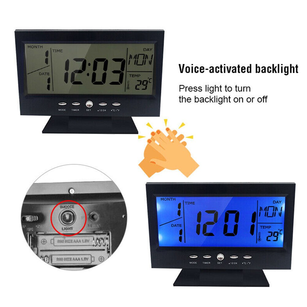 LCD Display Digital Snooze Function Electronic Alarm Clock Rectangle Shape Temperature Backlight Battery Powered Desk Bedroom: Black