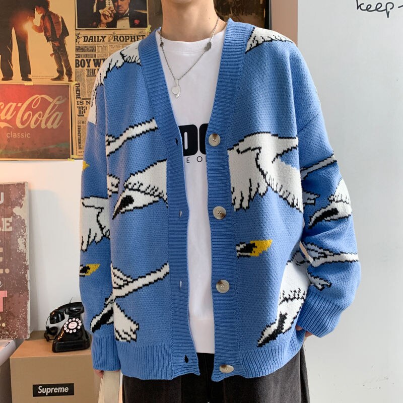 Strik til mænd cashmere cardigan sweater 4 farver frakker strikket tøj print afslappet i varme uld sweatere m -2xl: Blå / M