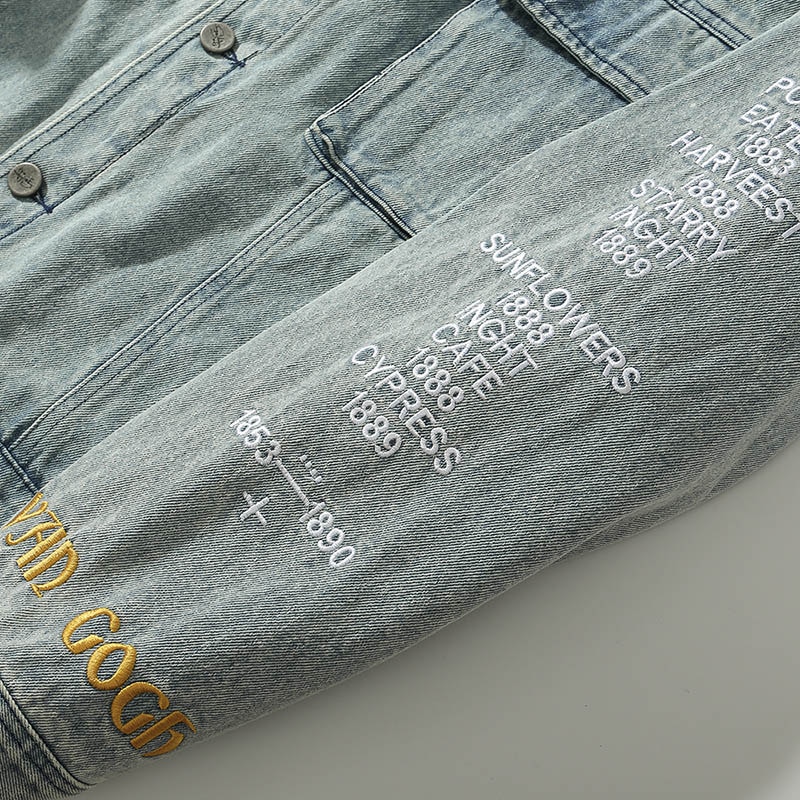 Hip-hop men's denim jacket street clothing embroidered denim denim jacket jacket retro Harajuku casual black denim jacket