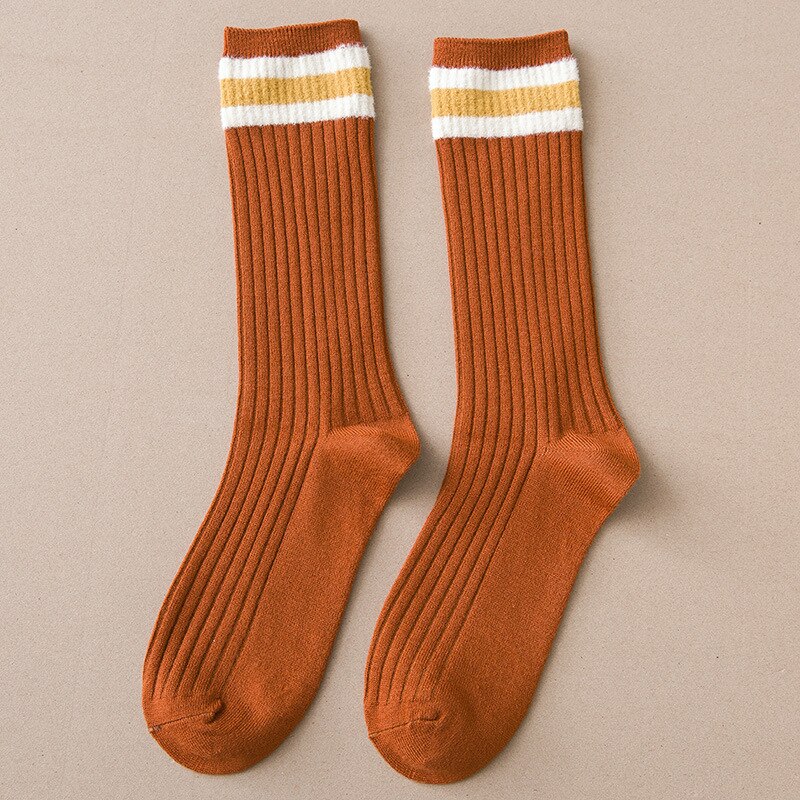 Women Mid Tube Stockings College Style Solid Stripes Socks Breathable Long Socks Bright Color School Style Slender Leg Socks: caramel