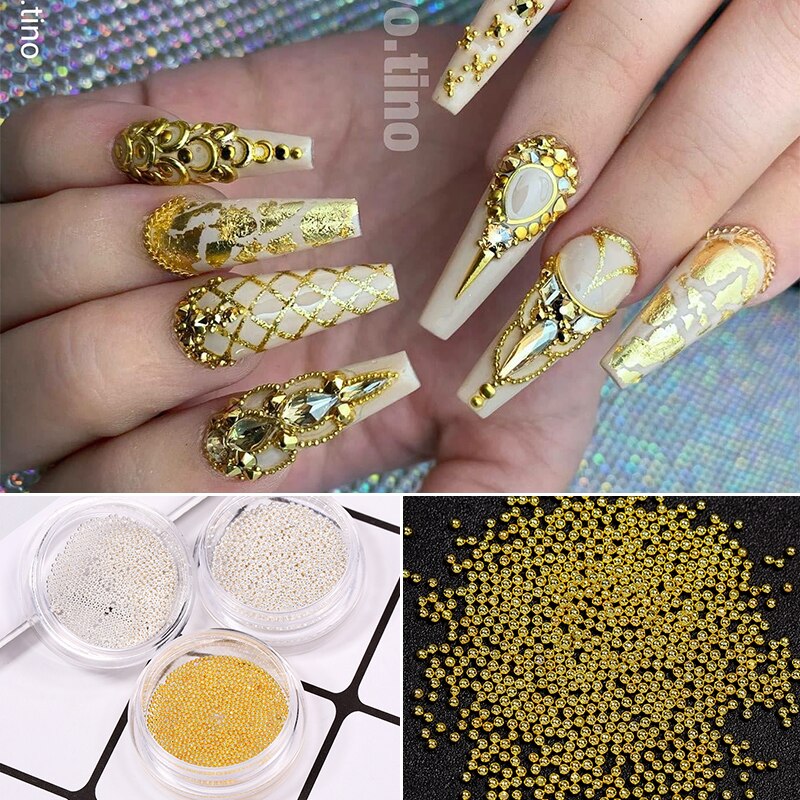 0.8mm/1.0mm mini små perler i rustfrit stål neglekunst dekorationer pistol guld sølv kaviar gør-det-selv værktøj negle nitter tilbehør