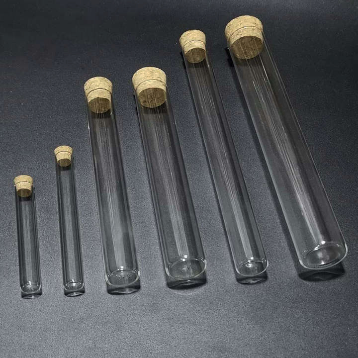 Tubo de ensayo de cristal de fondo plano con tapones de corcho, 4 unidades/lote, 100/150/180/200mm, longitud de laboratorio