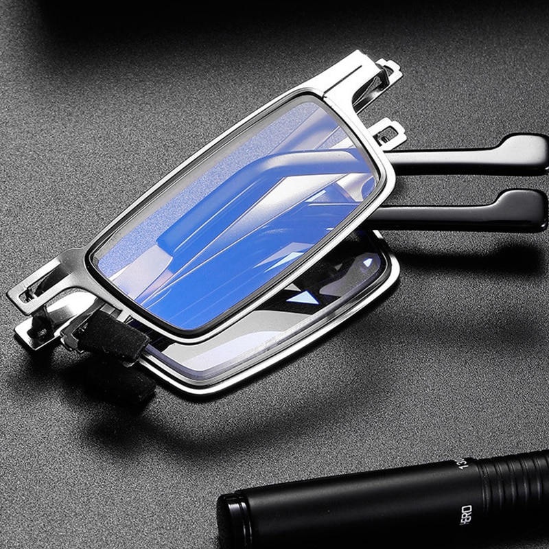 Modieuze Mini Folding Leesbril Voor Mannen Anti-Blauw Licht Verziend Glazen Opvouwbare Full Frame Metalen Zwart Met Case