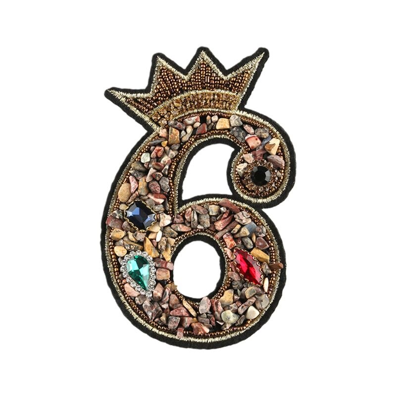 Parche de número 0-9, corona con cuentas de diamantes de imitación para coser/planchar en aplique, insignia, decoración DIY: 6