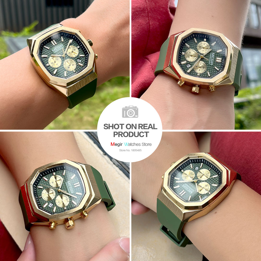 Megir heren waterdicht horloge met achthoekige wijzerplaat, chronograaf, quartz polshorloge met olijfgroene siliconen band, datumweergave en lichtgevende wijzers 2215