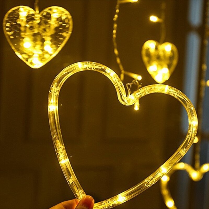 Cortina de luces LED con forma de corazón, tira de luces de 2,5 M impermeables para exteriores, dormitorio, en casa, decoración de boda, enchufe europeo, 12 Uds.