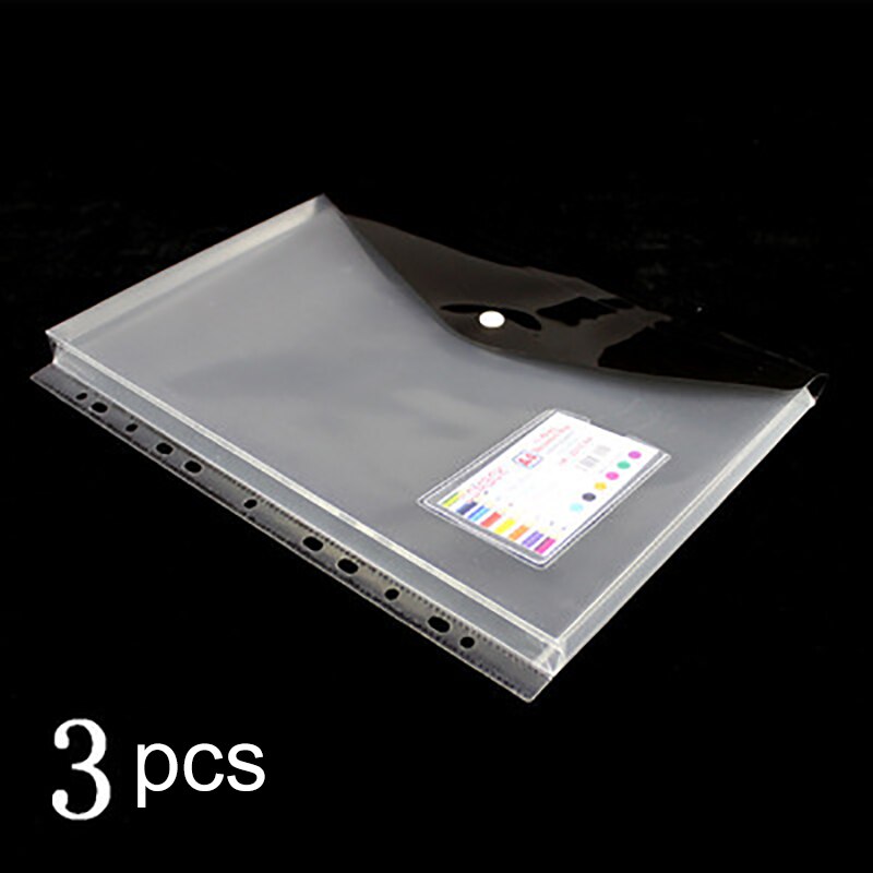 Bolsa de documentos transparente A4 de 3 piezas, carpetas de archivos de hojas sueltas de 11 agujeros, bolsa de información gruesa de película protectora a presión de gran capacidad: B black