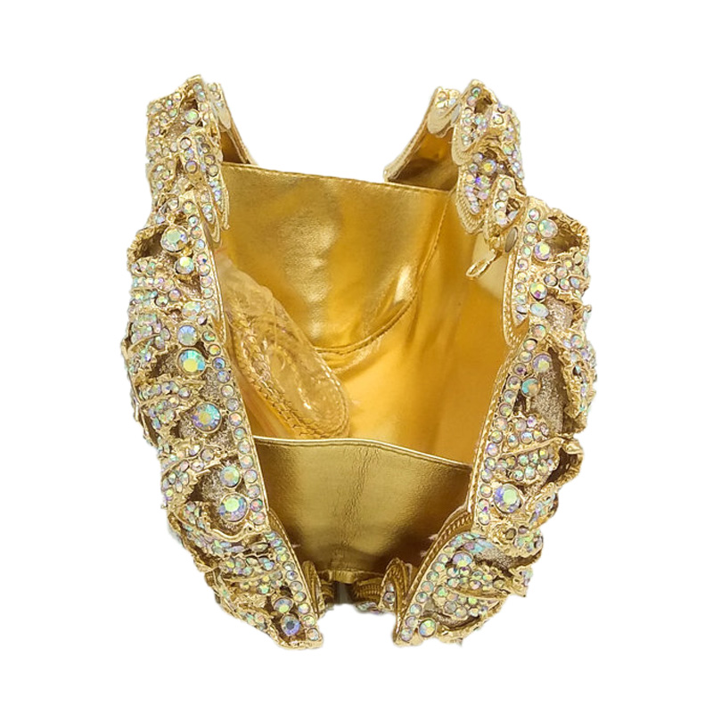 Dazzling Vrouwen Goud Rose Bloem Hollow Out Crystal Avond Metal Koppelingen Kleine Minaudiere Handtas Purse Wedding Doos Clutch Bag