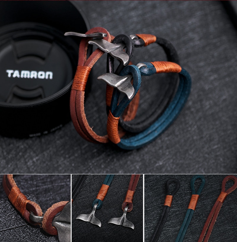 MKENDN-pulsera de cuero con cola de ballena para hombre y mujer, joyería de playa, estilo Punk de verano