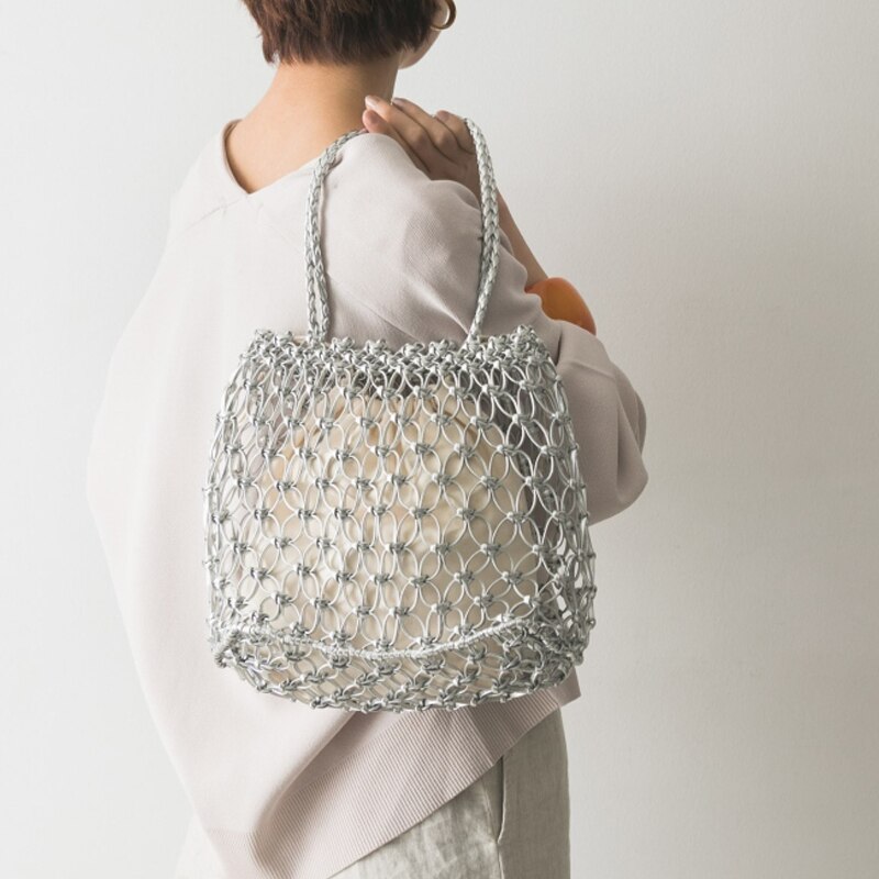 copper coin buckle handmade PU woven bag hand grid cutout straw bag casual woven bag