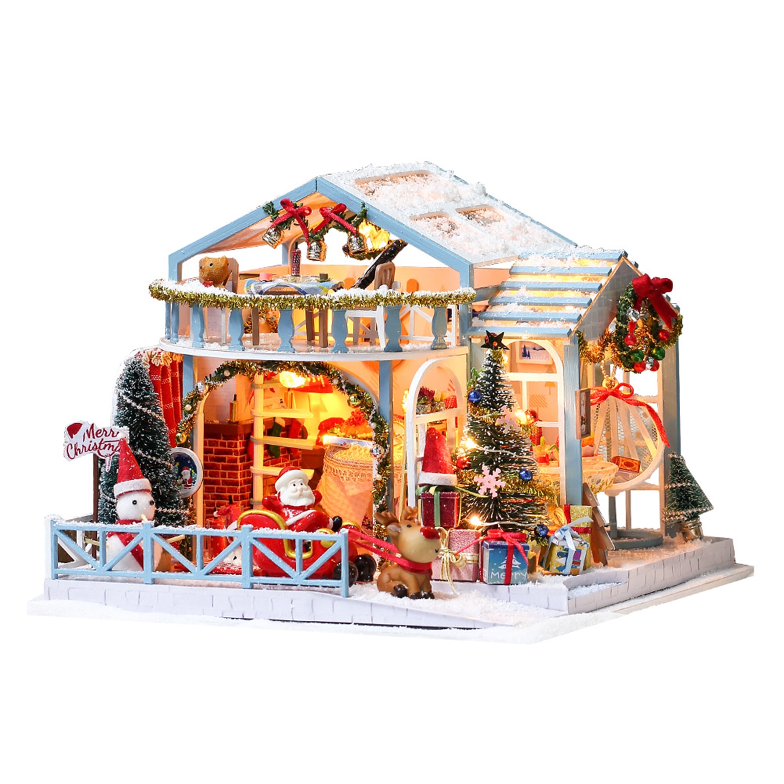 Christmas DIY Doll House Wooden Doll Houses Miniature Dollhouse Furniture Kit with LED Light Toys for Children Christmas