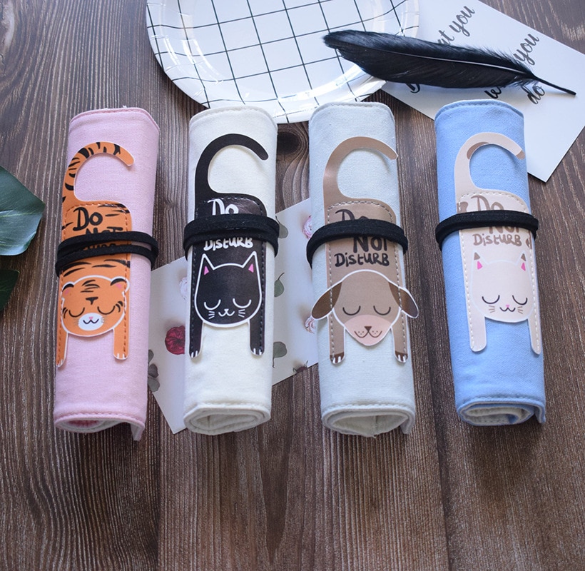 Leuke Dier Kat Etui Voor Meisjes Jongens Canvas School Etui Roll Up Portable Potlood Tas Doos School Briefpapier