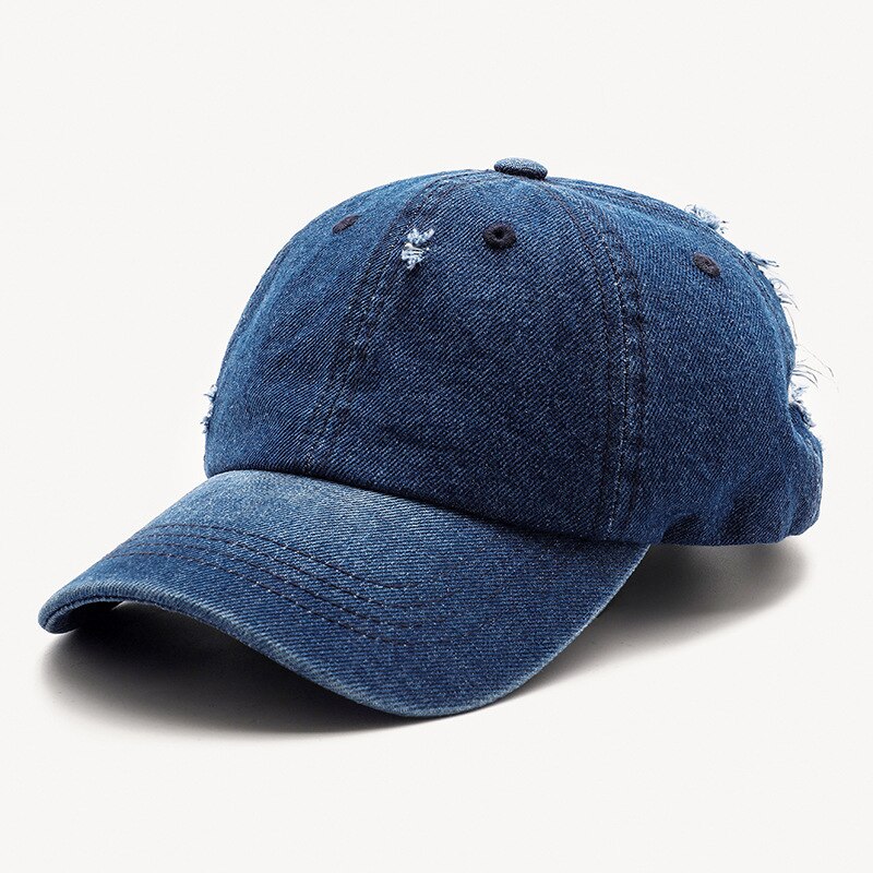 Casquette de Baseball en Denim délavée unisexe, chapeau ajustable avec trous déchirés, style hip hop, idéal pour les sports de plein air: Navy Blue