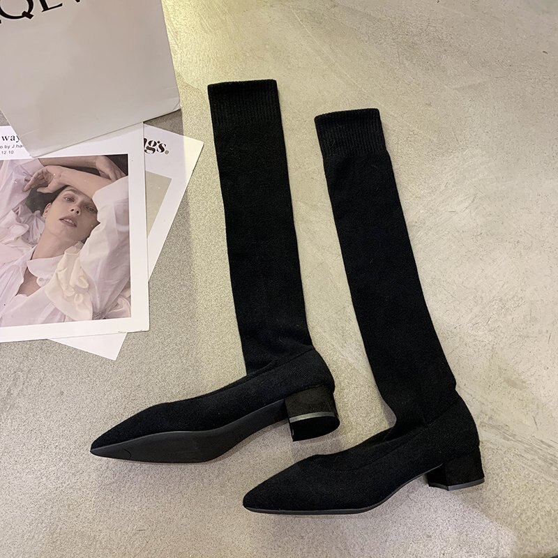 Dameslaarzen schoenen voor dames puntige neus over de knie sok lange laarzen comfortabele elastische mesh slanke laarzen dames: Zwart / 7