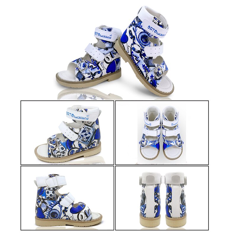 Ortoluckland kleinkind jungen walking sandalen leder orthopädische schuhe für kinder kinder schnalle muster starre plattfuß schuhe