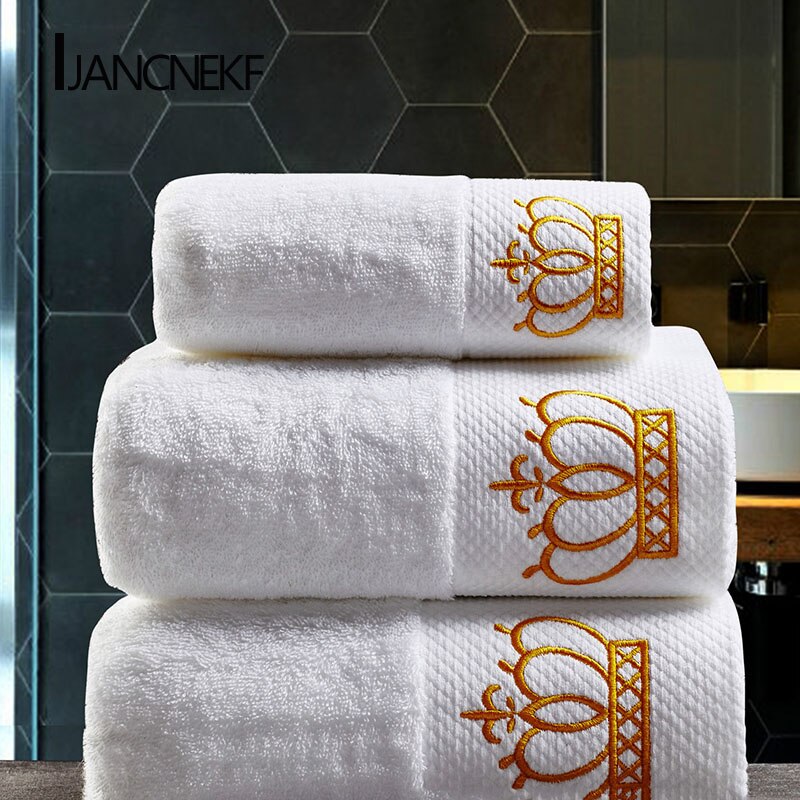 Krone broderet hvid bomuld hotel håndklæde sæt håndklæde absorberende håndklæde voksen badehåndklæde: 3- stk sæt