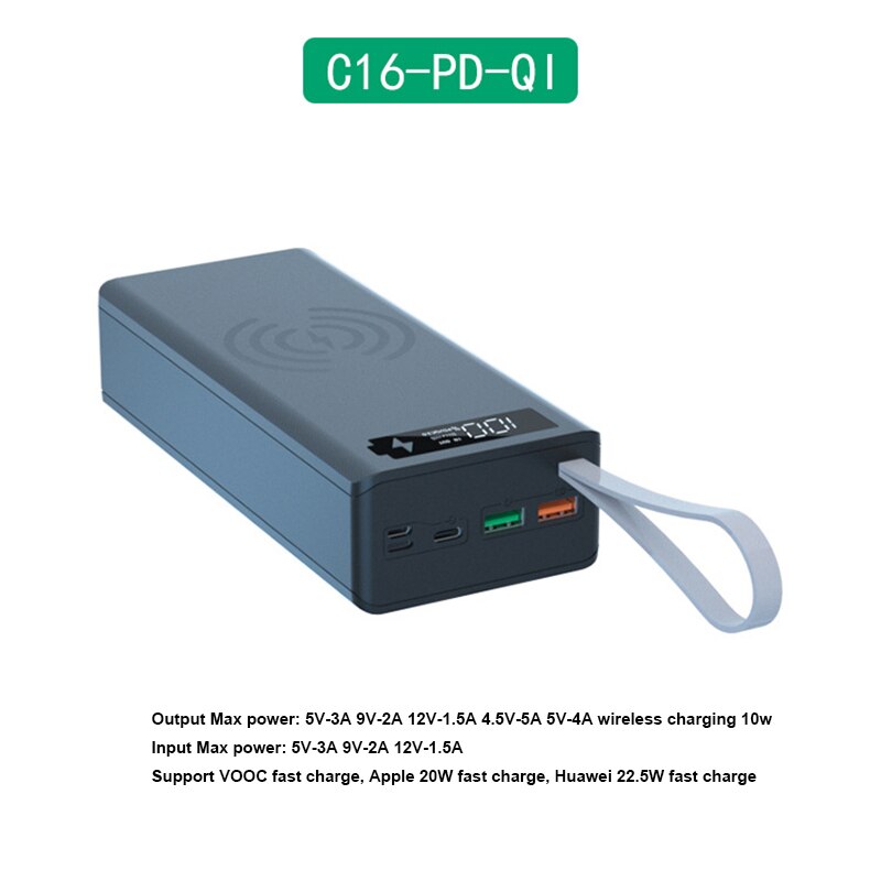 16*18650 batteri power bank taske oplader boks holder dobbelt usb lcd display support hurtig &amp; trådløs opladning til iphone 13 xr 12: Hurtig trådløs sort