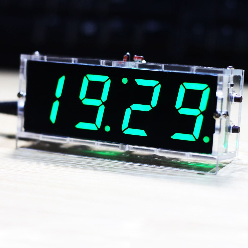Compact 4-digit DIY Alarm Clock DIY Digital LED Clock Kit Light Control Temperature Date Time Display with Transparent USB Clock: Green