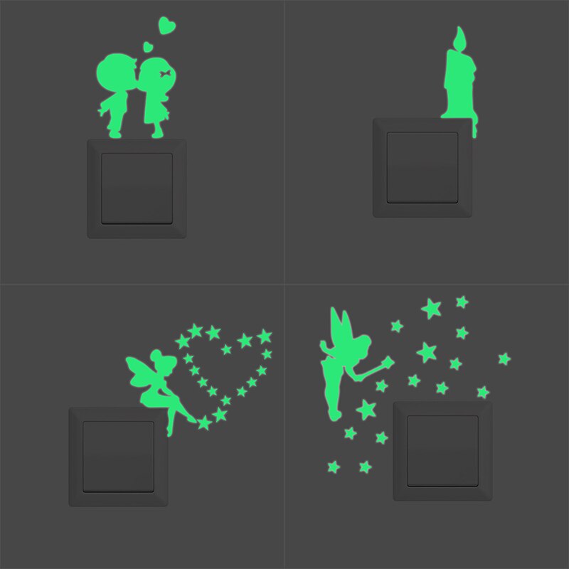Luminous Cartoon Switch Sticker Glow in the Dark Cat Sticker Fluorescent Moon Stars Sticker Kid Room Decoration Home Decor