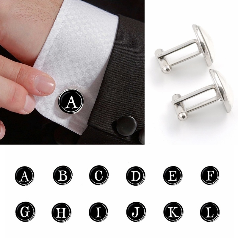 26 Letters Print Suits Shirt Manchetknopen Verzilverd Glas Cabochon Franse Brief Manchet Manchetknopen Bruiloft Manchet Accessoires