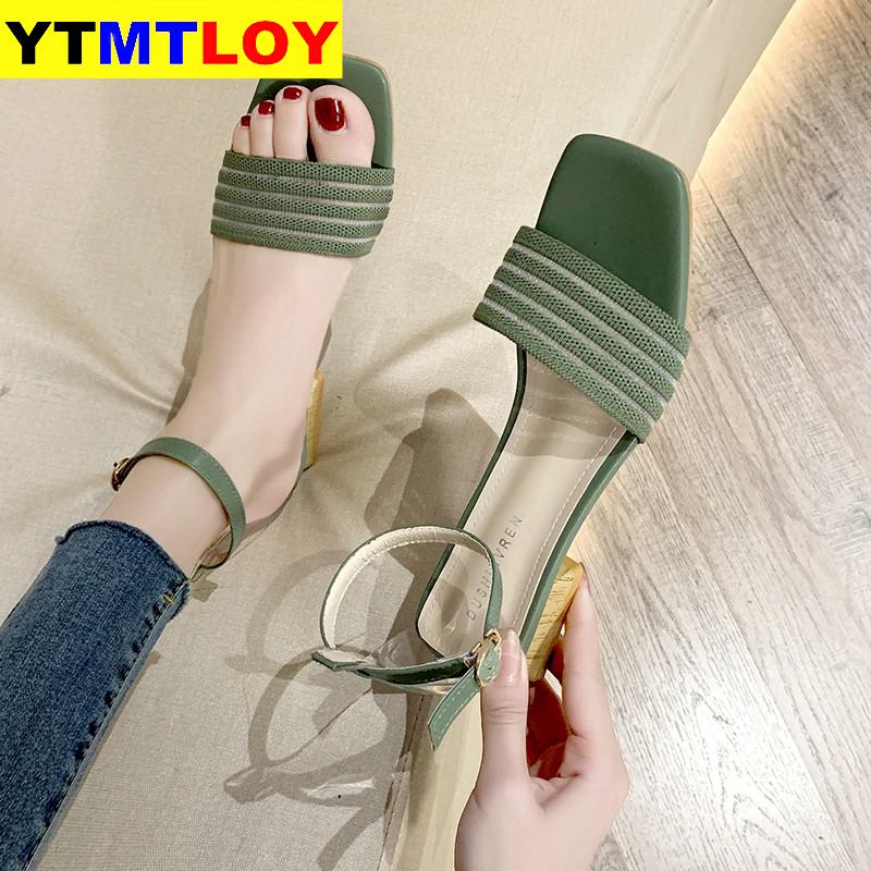 Gebreide Lage Hak Sandalen Vrouwen Hout Hak Open Teen Snoep Kleuren Zomer Stretch Stof Sandalen Dames Vierkante Teen Hakken Vrouwen
